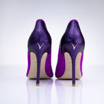 Elandetta Amethyst luxury suede heels with bold purple pink tones and deep violet textured leather finish.