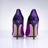 Elandetta Amethyst luxury suede heels with bold purple pink tones and deep violet textured leather finish.
