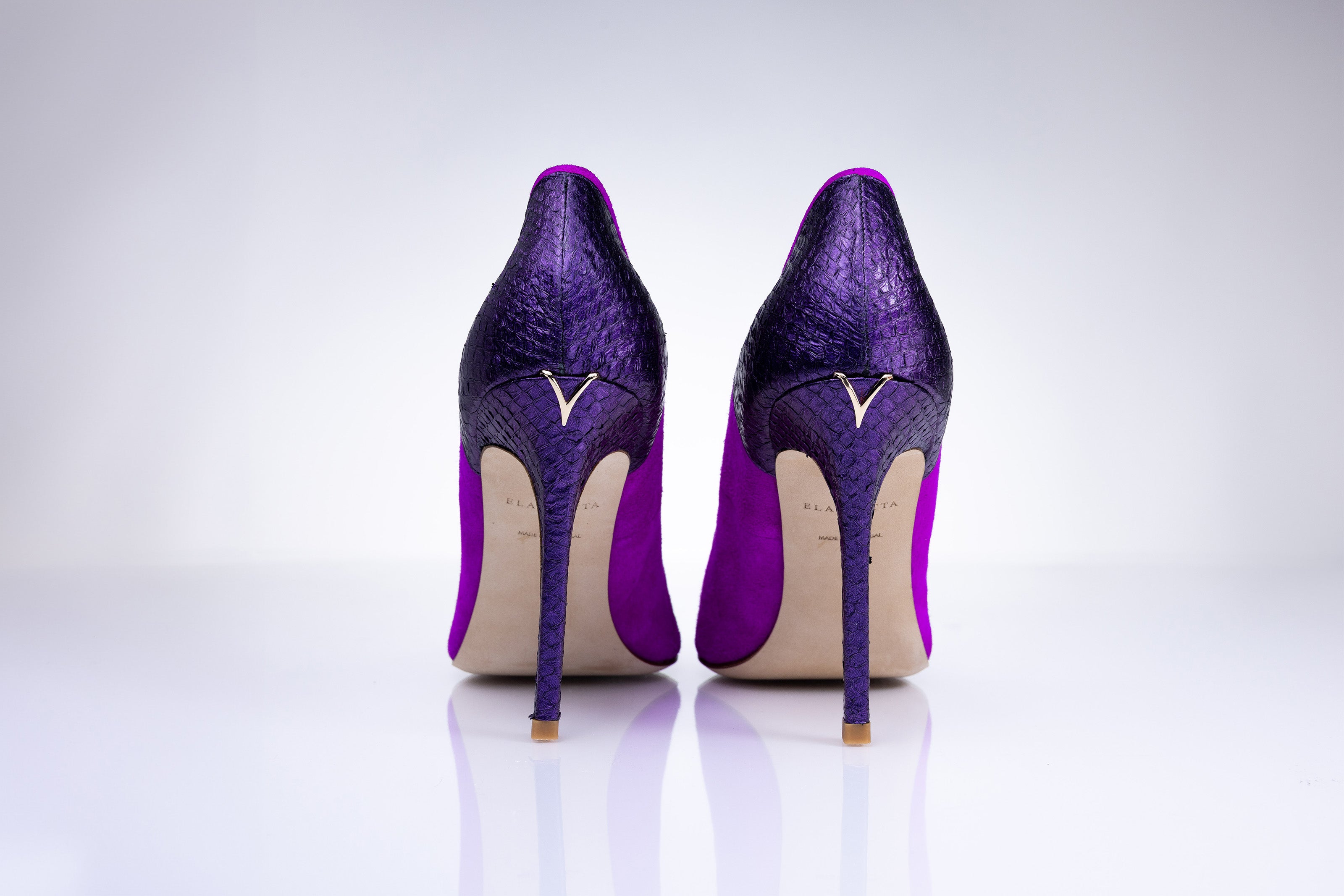 Elandetta Amethyst luxury suede heels with bold purple pink tones and deep violet textured leather finish.