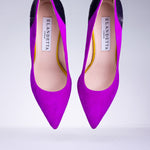 Pair of Elandetta Amethyst purple pink suede pointed heels with deep violet textured leather detailing.