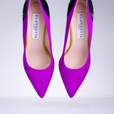 Pair of Elandetta Amethyst purple pink suede pointed heels with deep violet textured leather detailing.