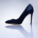 Rear view of Elandetta Baltic Blue heels highlighting textured navy leather detailing and signature heel silhouette.