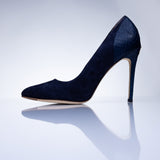 Rear view of Elandetta Baltic Blue heels highlighting textured navy leather detailing and signature heel silhouette.