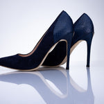 Elandetta Baltic Blue pointed suede heels in a rich deep navy shade with sculpted stiletto heels.