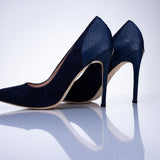Elandetta Baltic Blue pointed suede heels in a rich deep navy shade with sculpted stiletto heels.