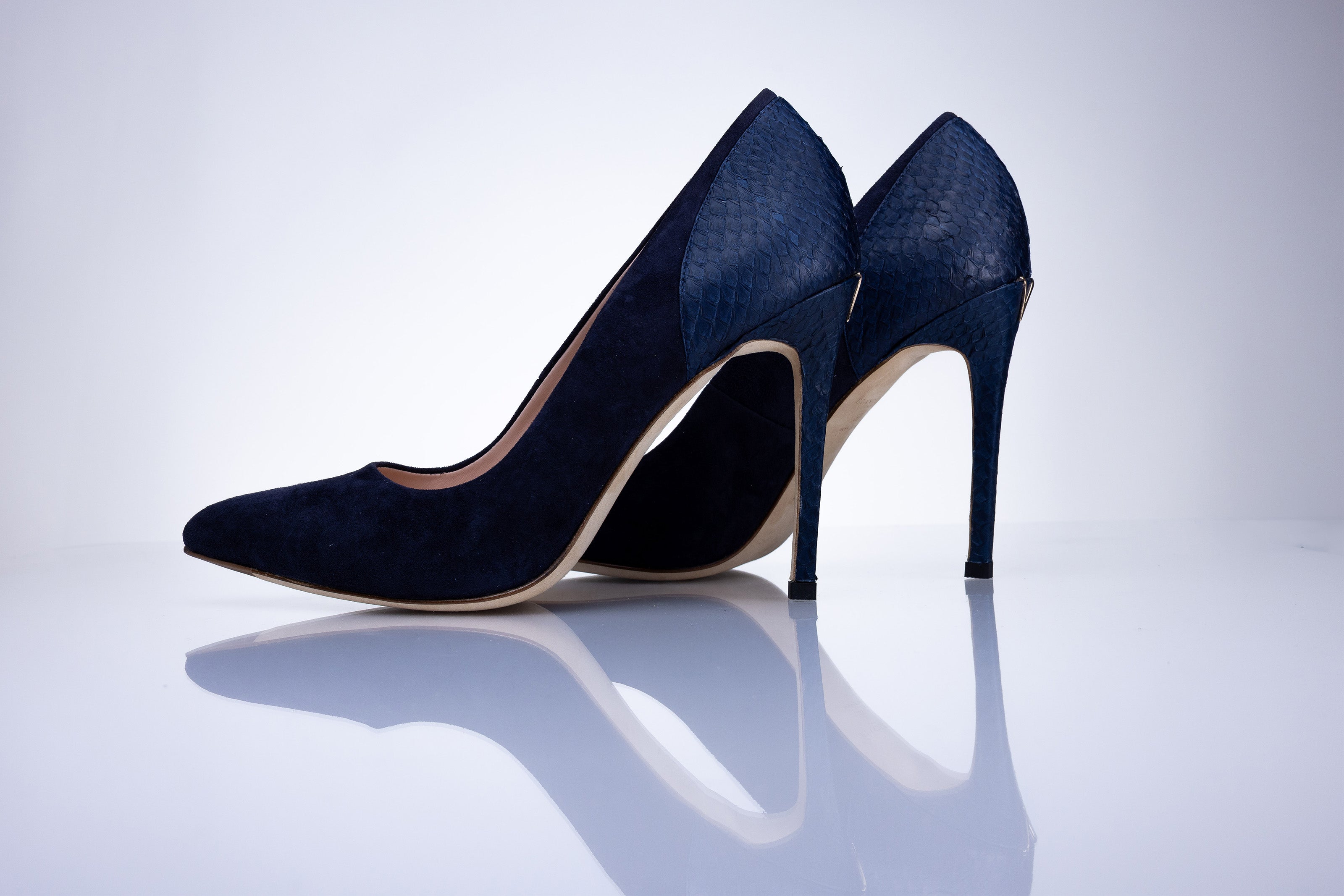 Elandetta Baltic Blue pointed suede heels in a rich deep navy shade with sculpted stiletto heels.