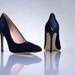 Side profile of the Elandetta Baltic Blue luxury suede heel with slim stiletto silhouette and deep navy tones.