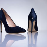 Side profile of the Elandetta Baltic Blue luxury suede heel with slim stiletto silhouette and deep navy tones.