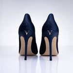 Rear view of Elandetta Baltic Blue heels highlighting textured navy leather detailing and signature heel silhouette.
