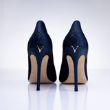 Rear view of Elandetta Baltic Blue heels highlighting textured navy leather detailing and signature heel silhouette.