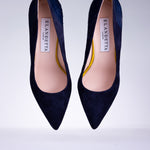 Pair of Elandetta Baltic Blue deep navy suede pointed heels with textured leather detailing and elegant silhouette.