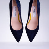 Pair of Elandetta Baltic Blue deep navy suede pointed heels with textured leather detailing and elegant silhouette.