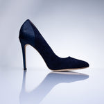 Elandetta Baltic Blue deep navy suede stiletto heel with refined pointed toe shape and textured leather finish.