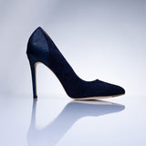 Elandetta Baltic Blue deep navy suede stiletto heel with refined pointed toe shape and textured leather finish.