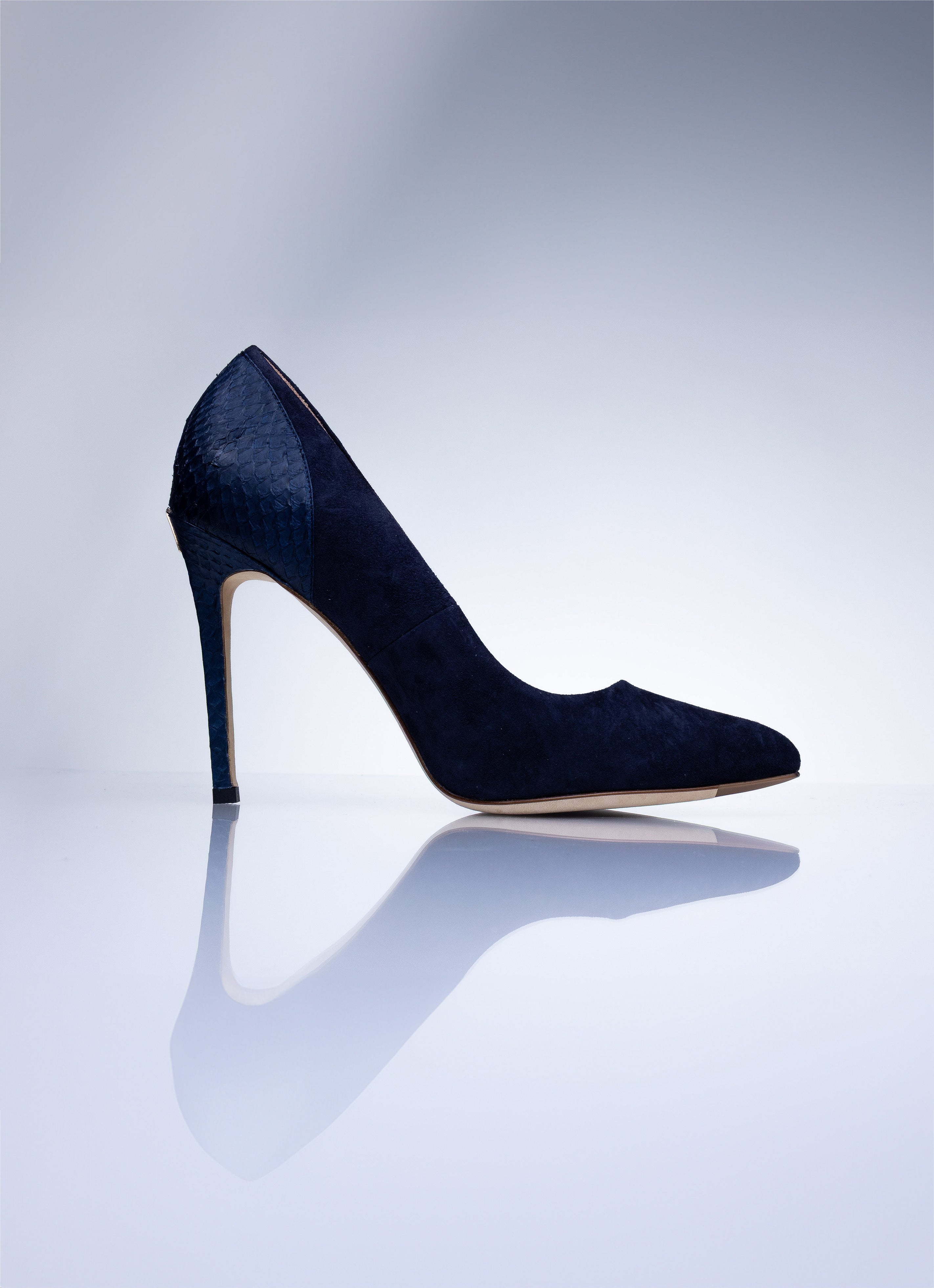 Elandetta Baltic Blue deep navy suede stiletto heel with refined pointed toe shape and textured leather finish.