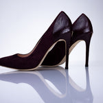 Elandetta Bordeaux pointed suede heels in a deep burgundy red shade with sculpted stiletto heels.