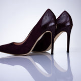 Elandetta Bordeaux pointed suede heels in a deep burgundy red shade with sculpted stiletto heels.
