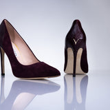 Angled view of Elandetta Bordeaux deep burgundy suede heels with refined pointed toe and slim stiletto heel.
