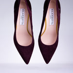 Pair of Elandetta Bordeaux deep burgundy suede pointed heels with textured leather detailing and elegant silhouette.