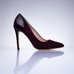 Elandetta Bordeaux deep burgundy suede stiletto heel with refined pointed toe shape and textured leather finish.