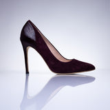 Elandetta Bordeaux deep burgundy suede stiletto heel with refined pointed toe shape and textured leather finish.