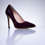 Side profile of the Elandetta Bordeaux luxury suede heel with slim stiletto silhouette and rich burgundy tones.