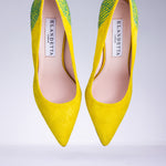 Elandetta Boujee bright yellow suede pointed heel with green textured leather detailing and slim stiletto silhouette.