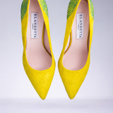 Elandetta Boujee bright yellow suede pointed heel with green textured leather detailing and slim stiletto silhouette.