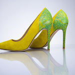 Elandetta Bouee luxury yellow suede heel showcasing elegant pointed toe shape and sculpted stiletto heel.