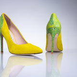 Side profile of the Elandetta Bouee bright yellow suede stiletto heel with contrasting green textured finish.