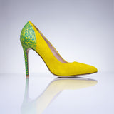 Pair of Elandetta Bouee yellow suede heels featuring pointed toes and green textured leather heel detail.
