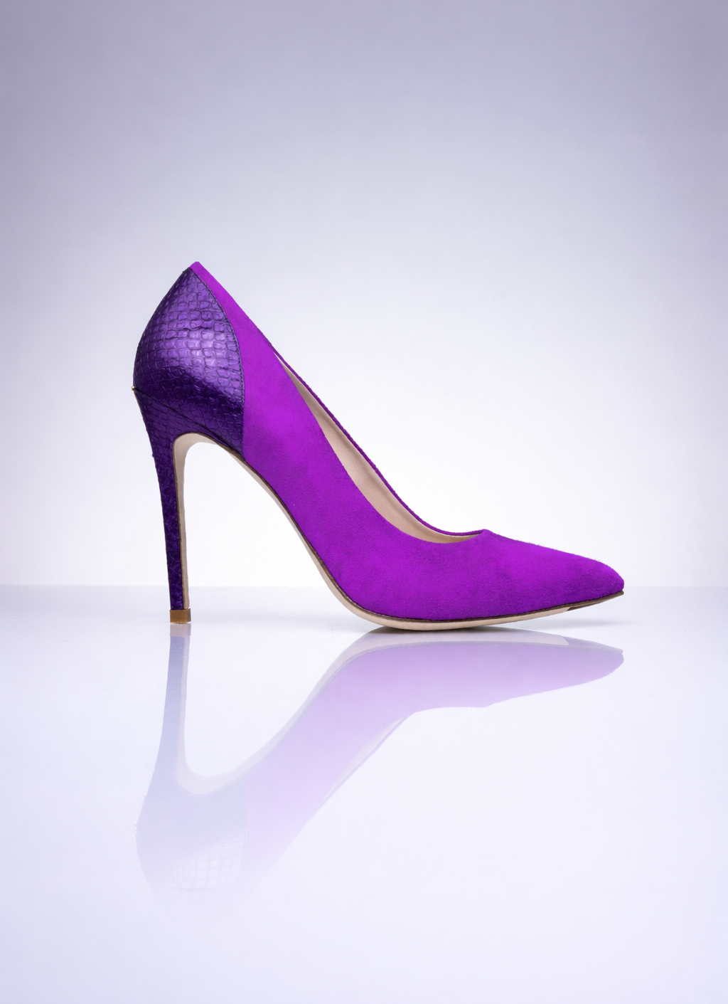 Elandetta Amethyst suede stiletto heel in vivid purple pink with elegant pointed toe silhouette.