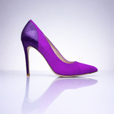 Elandetta Amethyst suede stiletto heel in vivid purple pink with elegant pointed toe silhouette.