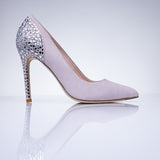 Angled view of Elandetta Heather heels highlighting hand embellished crystal detailing and elegant pointed toe shape.