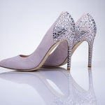 Elandetta Heather cool pink suede heels with sculpted silhouette and intricate crystal embellished finish.