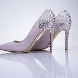 Elandetta Heather cool pink suede heels with sculpted silhouette and intricate crystal embellished finish.