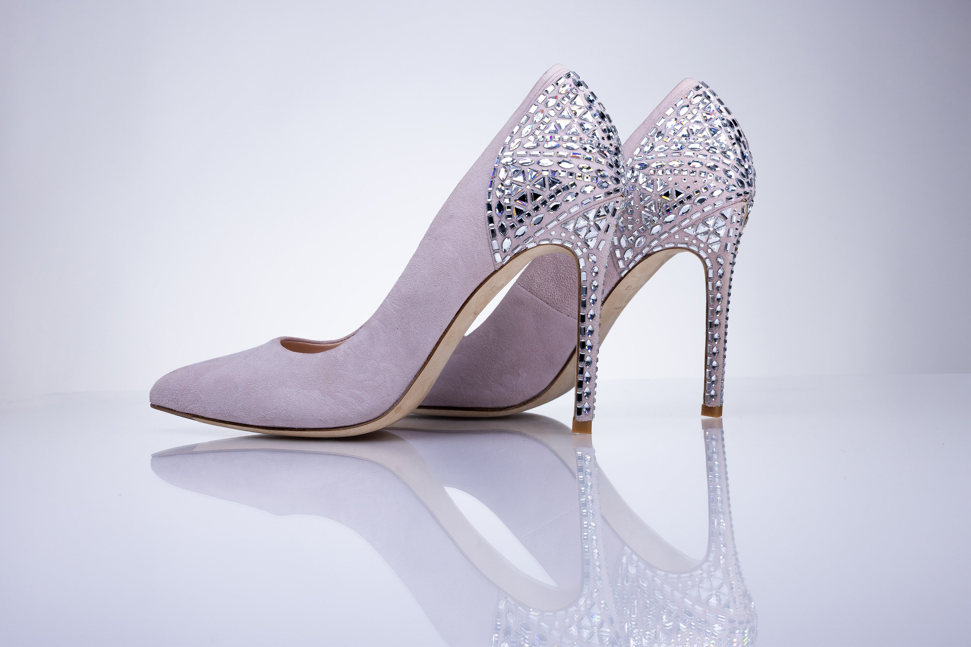 Elandetta Heather cool pink suede heels with sculpted silhouette and intricate crystal embellished finish.