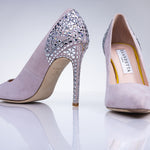 Side profile of the Elandetta Heather luxury suede heel featuring crystal embellished stiletto heel detailing.