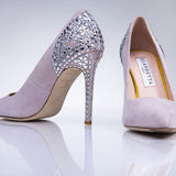 Side profile of the Elandetta Heather luxury suede heel featuring crystal embellished stiletto heel detailing.