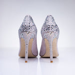 Rear view of Elandetta Heather crystal embellished heels showcasing intricate crystal work and slim stiletto silhouette.