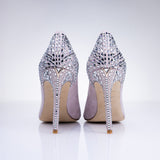 Rear view of Elandetta Heather crystal embellished heels showcasing intricate crystal work and slim stiletto silhouette.