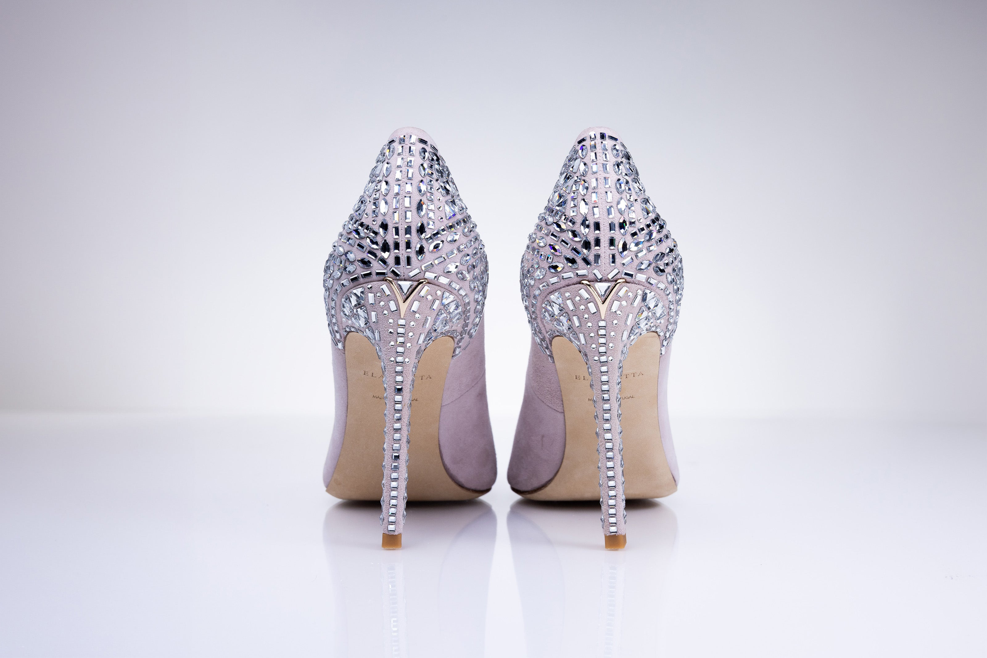 Rear view of Elandetta Heather crystal embellished heels showcasing intricate crystal work and slim stiletto silhouette.