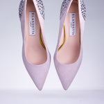 Pair of Elandetta Heather cool pink suede pointed heels with hand embellished crystal detailing and elegant silhouette.