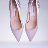 Pair of Elandetta Heather cool pink suede pointed heels with hand embellished crystal detailing and elegant silhouette.