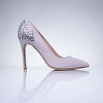 Elandetta Heather cool pink suede stiletto heel with hand applied crystal embellishment and refined pointed toe.