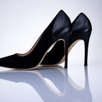 Elandetta Ink pointed suede heels in an intense deep black tone with sculpted stiletto heels.