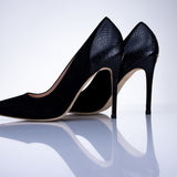 Elandetta Ink pointed suede heels in an intense deep black tone with sculpted stiletto heels.