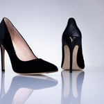Side profile of the Elandetta Ink luxury black suede heel with slim stiletto silhouette and sharp pointed toe.