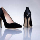 Side profile of the Elandetta Ink luxury black suede heel with slim stiletto silhouette and sharp pointed toe.