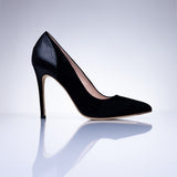 Elandetta Ink deep black suede stiletto heel with refined pointed toe shape and textured leather finish.